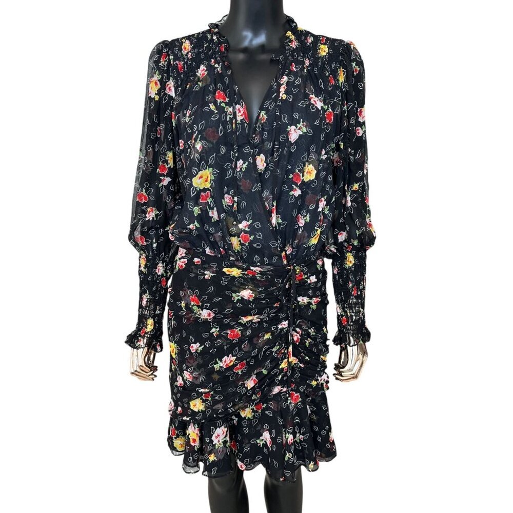 Veronica Beard  Armeria Black Floral Silk Wrap Dress Size 8 Ruched Ruffle Mini - Picture 2 of 8